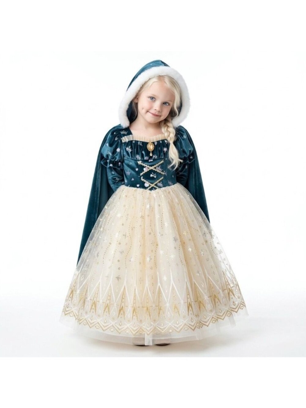 Girls Elsa Frozen Princess Costume Dress Set Teal Cream Velvet Tulle Birthday